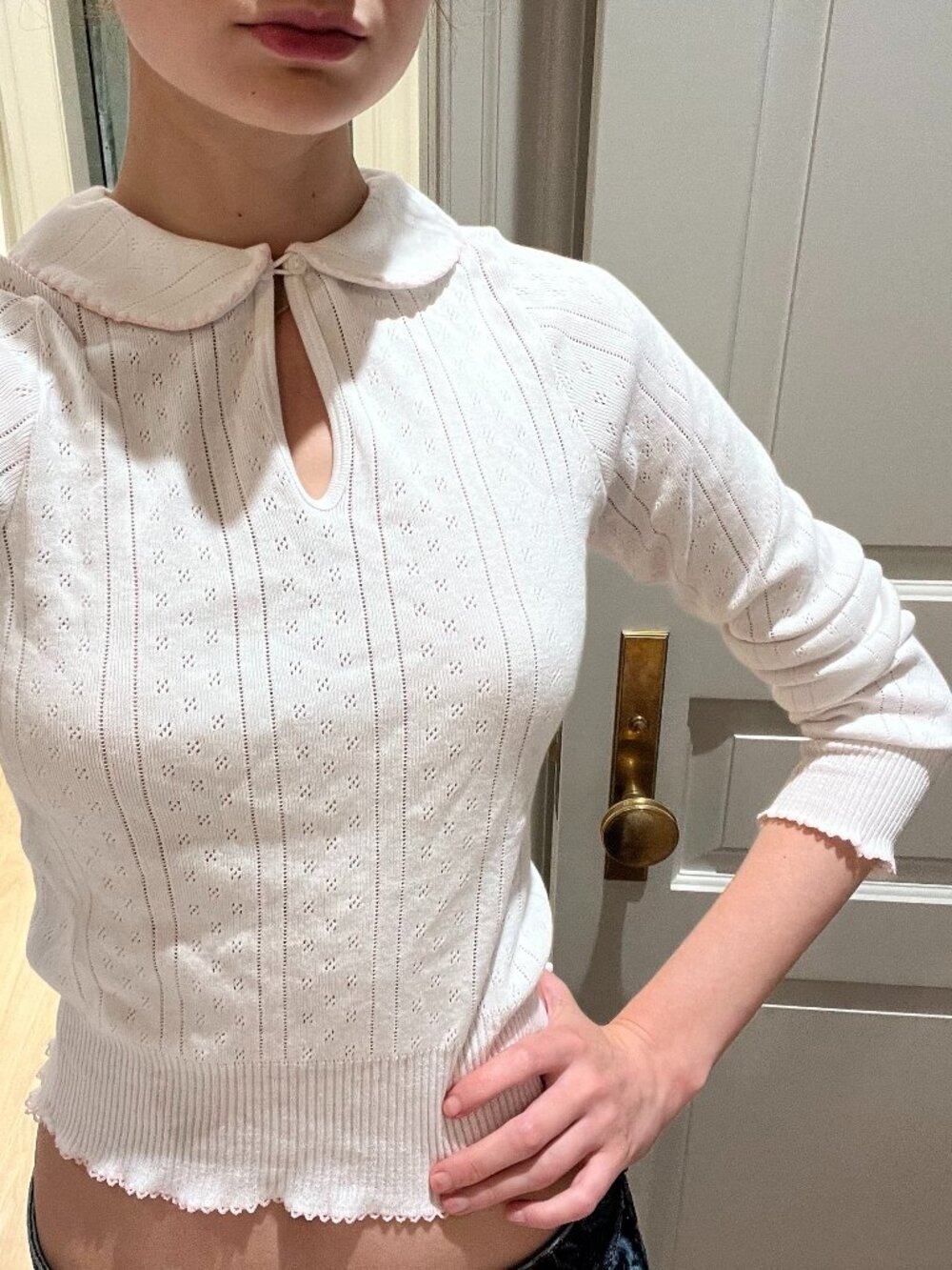 Pretties Venice Keyhole Collar Long-Sleeved White Blouse